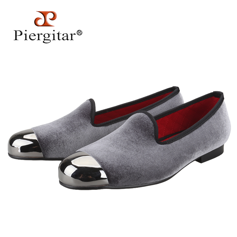 Men'S Formal Wear Slippers - Piergitar Gray Velvet Slip-On Loafers With