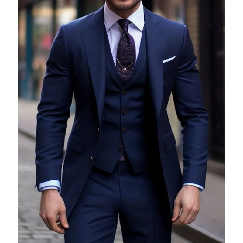 Men Formal Wear Wedding - Navy Blue 3 Pieces Casual Male