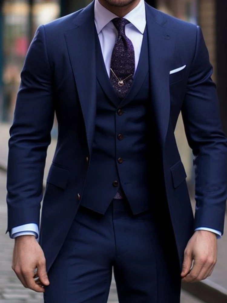 Navy Blue 3 Pieces Casual Male - Men Formal Wear Wedding 评论和价格