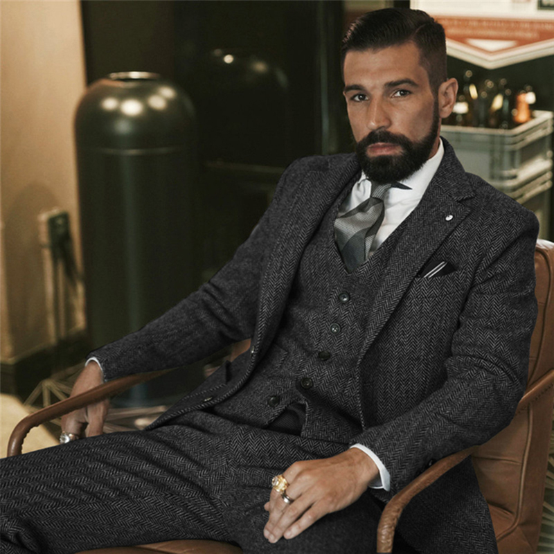 Gray Wool Tweed Winter Suit fo - Men Formal Wear Wedding 评论和价格